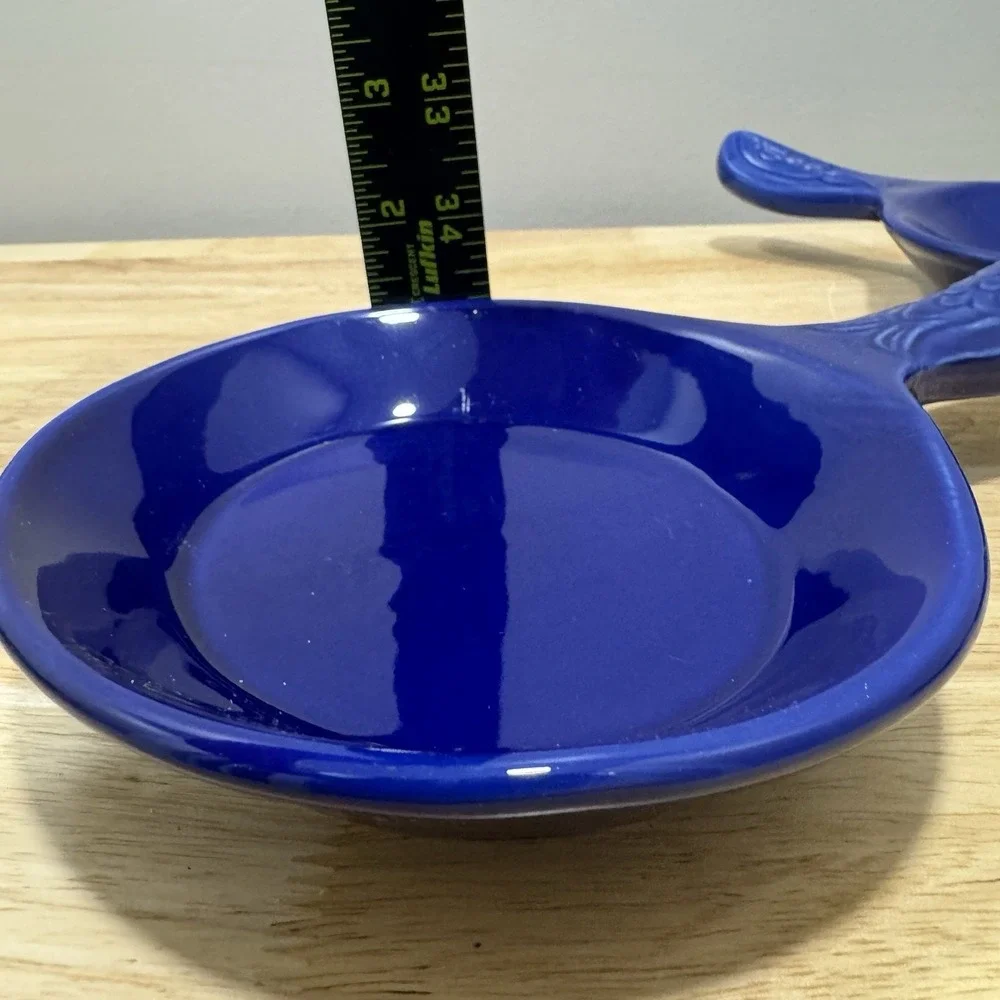 Vintage Cobalt Blue Fish Plates Set of 4 Handled Ceramic Nautical Coastal Dishes